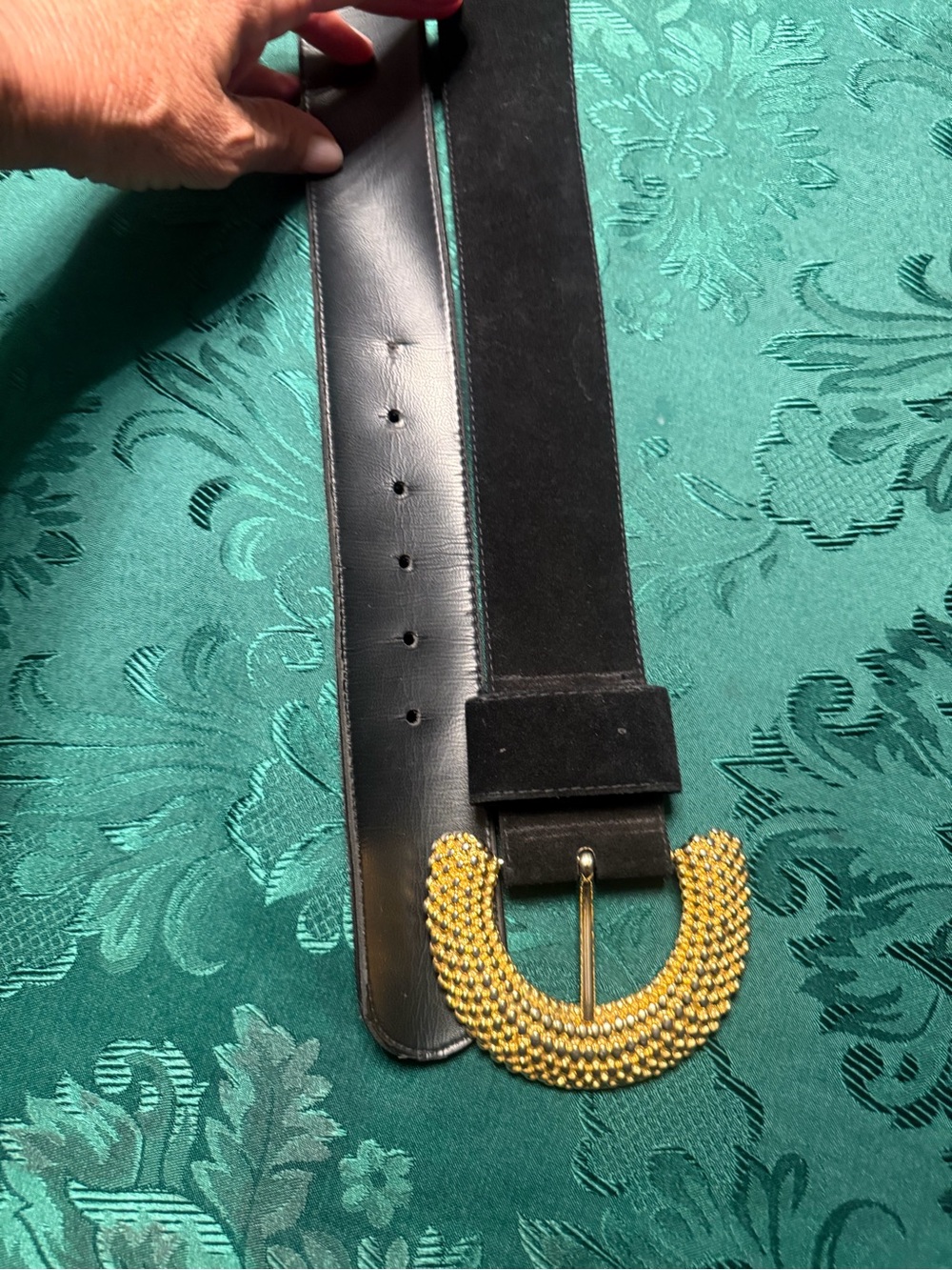 Black Suede Women’s Wide Belt with Gold Beaded Buckle vintage